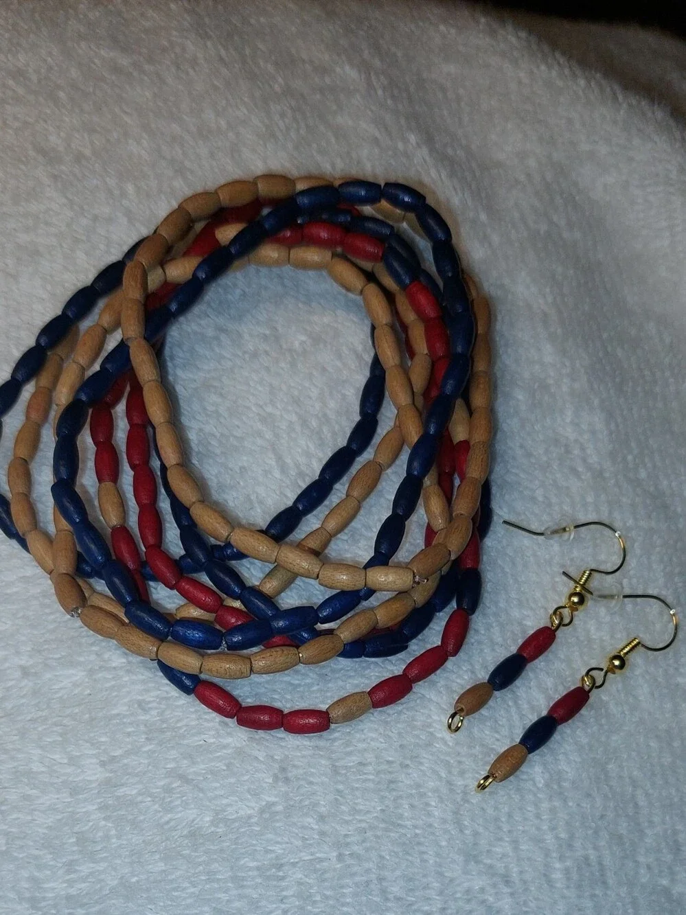 8 Handcrafted Navy, Red & Tan Wood Bead Stretch Bracelets with Matching Earrings